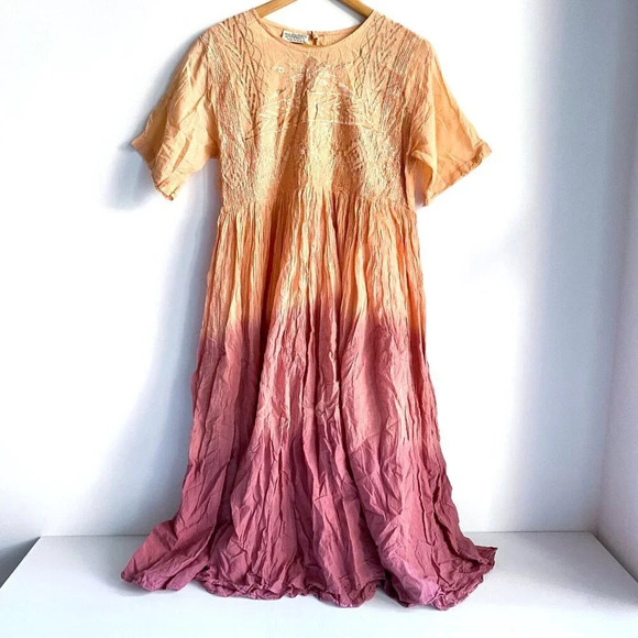 Vintage Y2k 2000s Ombré Crnkled Cotton Iddia Embroidered Midi Dress M - Picture 3 of 9